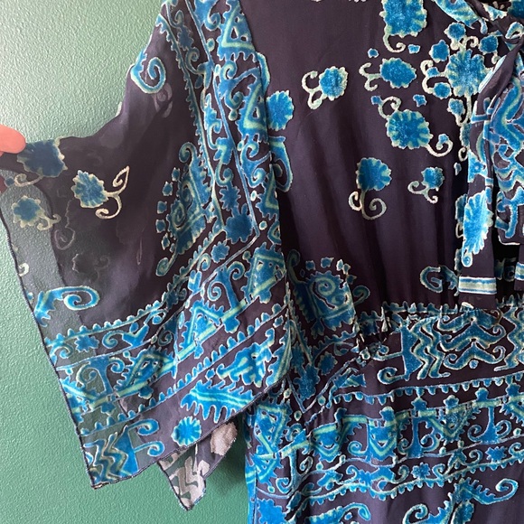Anna Sui Dress Blue Velvet Burnout Silk Blend Flutter Sleeves Size 4 Small Boho - Picture 6 of 6